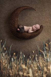 Newborn boy rests on felted moon at his newborn photoshoot