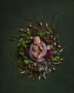 Smiling newborn girl laying in twig nest with purple florals