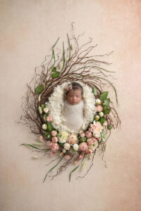 Newborn girl swaddled in cream laying inside a twig nest with pink flowers