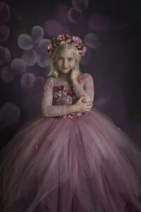 Beautiful blonde 5 year old smiles at her Fine Art photography shoot