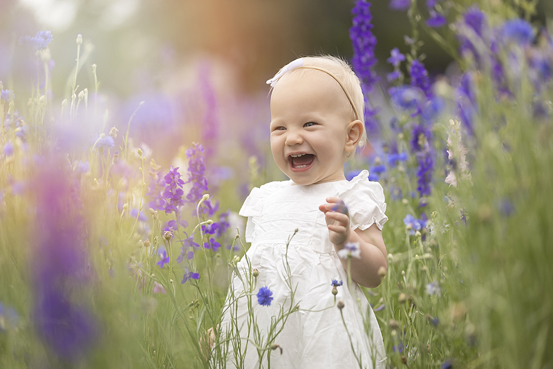 Toddler girl stands laughing in a field of wildflowers 