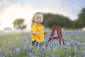 1 year old boy stands with ladder in bluebonnet field