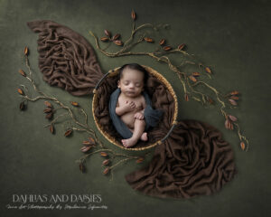 Newborn boy lays in basket