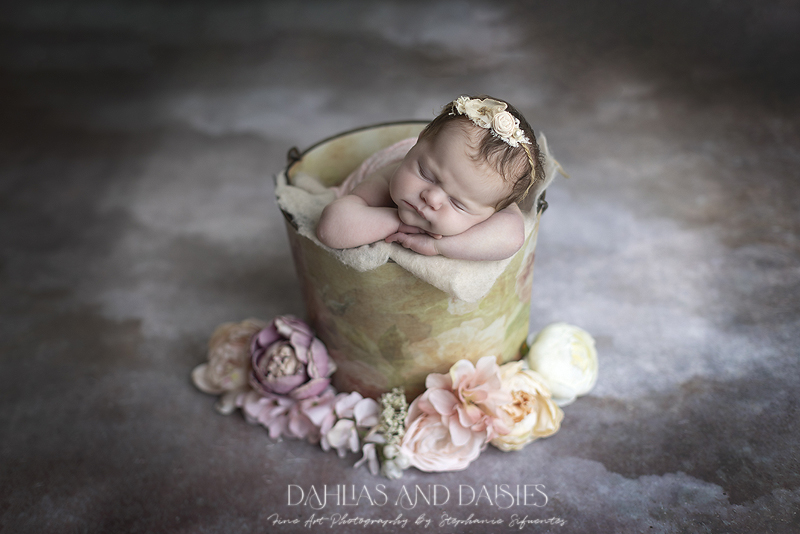 Newborn girl rests in bucket