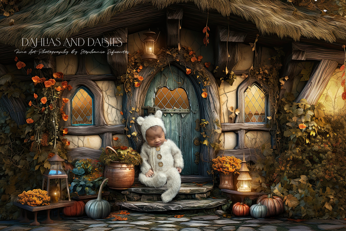 Newborn baby dressed as bear sits at pumpkin house