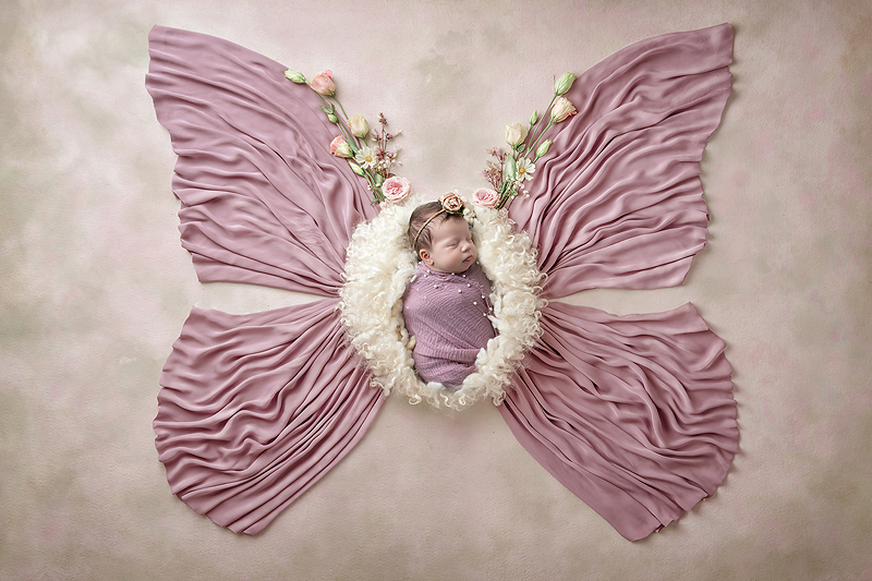 Newborn girl poses as a purple butterfly