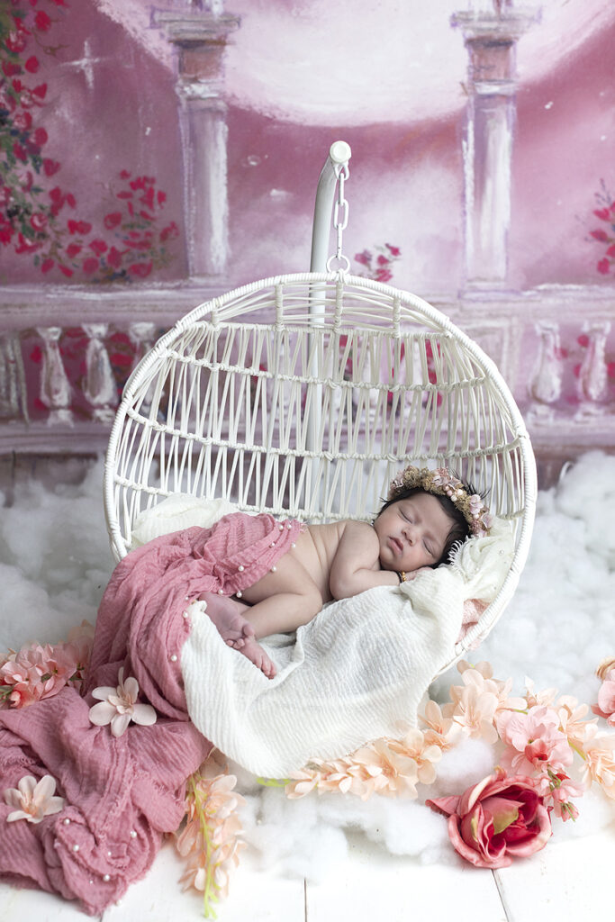 Newborn Girl rests in hanging basket