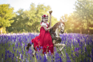 young girls sits on horse in wildflwoers