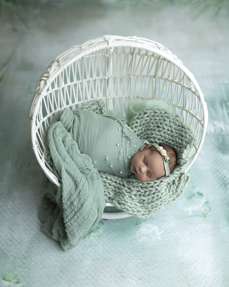 Newborn girl in hanging basket